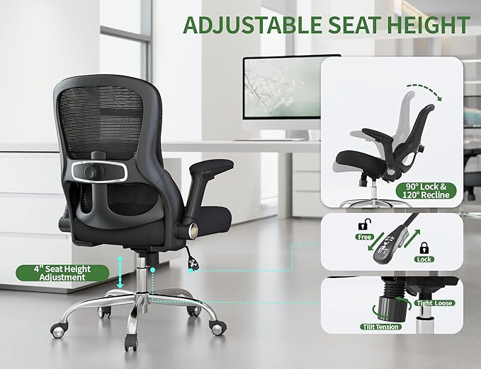 Office Chair Ergonomic Desk Chair Comfy: 400LBS Mesh Computer Chair Ergonomic Gaming Chairs with Wheels Adjustable Lumbar Support and Flip up Armrest-Swivel Executive Chairs Long Hours(Black)