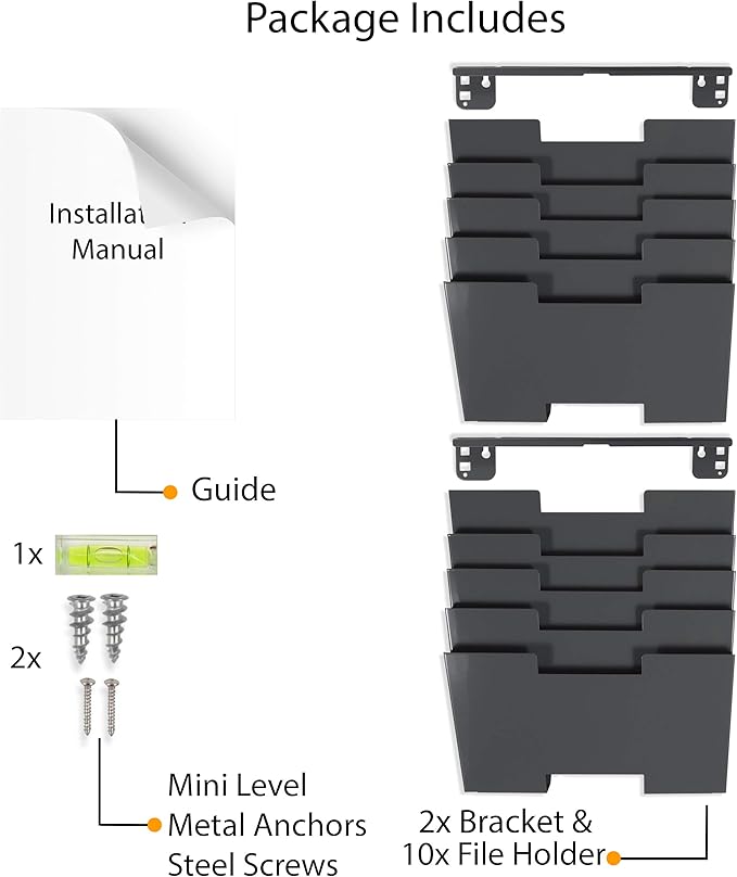 Gray Wall Mount Steel Vertical File Organizer Holder Rack 10 Sectional Modular Design Wider Than Letter Size 13 Inch Multi-Purpose Organize Display Magazines Sort Files and Folders