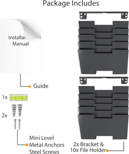 Gray Wall Mount Steel Vertical File Organizer Holder Rack 10 Sectional Modular Design Wider Than Letter Size 13 Inch Multi-Purpose Organize Display Magazines Sort Files and Folders