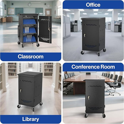Fully Assembled 30 Unit Device Charging Station for Chromebook, iPad, 14'' Laptop - Charging Cart with Charger Cable Management, Circuit Breaker, Grounding Protection