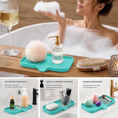 MicoYang Silicone Soap Dish with Drain Spout — Self-Draining Sink Organizer Tray for Bathroom & Kitchen, Sponges, Dispensers & Soap Holder, Non-Slip & Dishwasher Safe, Mint (Medium, 9.6"×5.3")