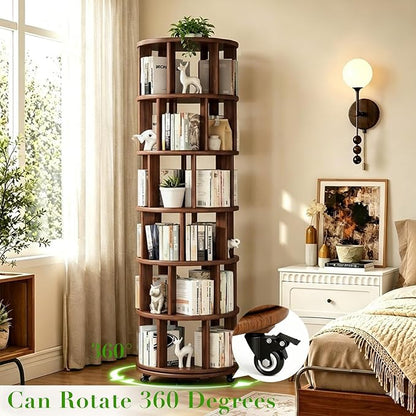 6 Tier Rotating Solid Wood Bookshelf, Corner Small Bookshelf Lazy Susan Organizer,Circular Rotating Spinning Bookshelf on Wheels, Revolving 360° Bookshelf for Small Spaces for Bedroom