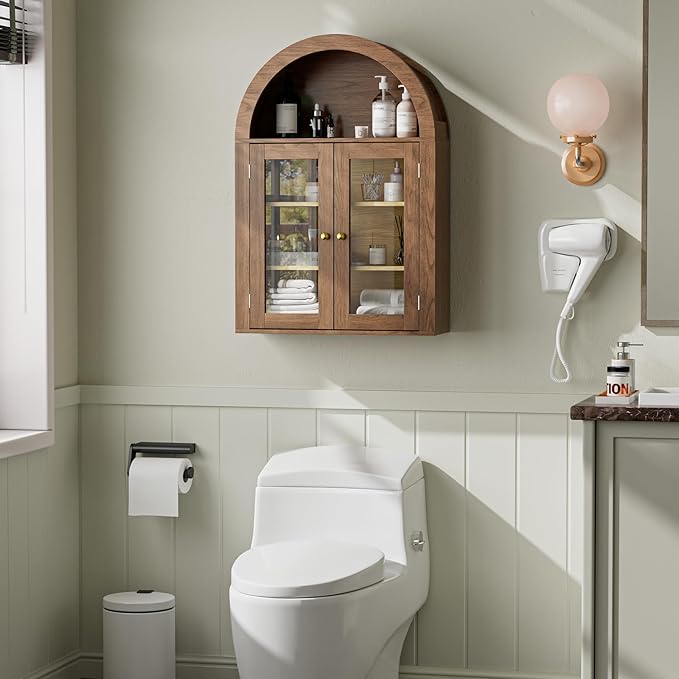 BREEZEHEAT Bathroom Medicine Cabinet Wall Mount-Over The Toilet Storage Cabinet-Arched Wall Cabinet with Glass Doors & Adjustable Shelves, Wood Cabinet for Laundry Room, Kitchen, Living Room, Walnut