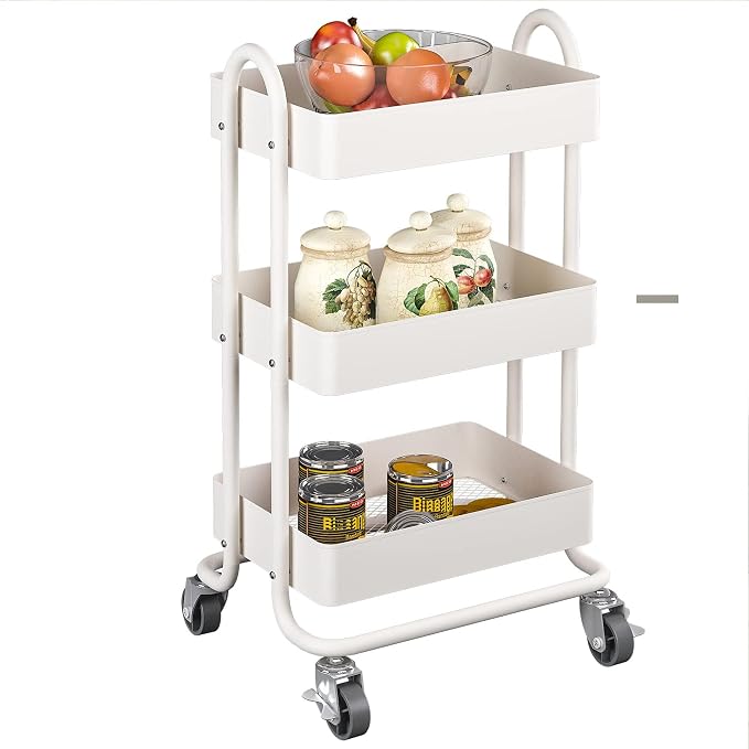 Metal Rolling Cart,3-Tier Metal Rolling Cart with Wheels,3 Tier Utility Cart with Wheels for Office,Home,Kitchen,Garden（13.4"x18.1"x31"） White