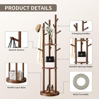 Solid Wood Rotary Coat Rack, Coat Rack Freestanding with 3 Storage Shelves & 9 hooks, Coat Tree for Entryway, Livingroom, Bedroom, Coat Hanger Stand for Coats, Scarves, Handbags, Hat (Walnut)