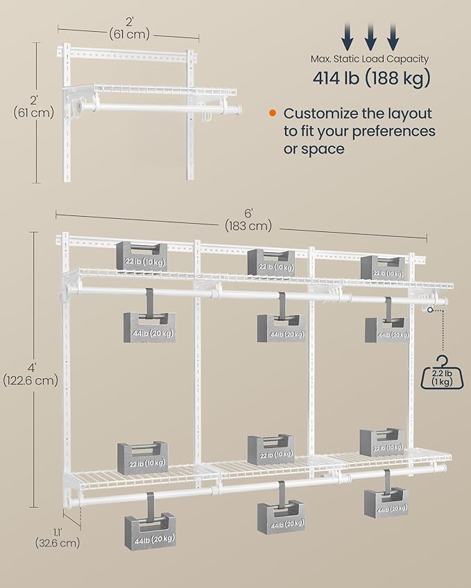 SONGMICS HOME Closet System, Closet Insert Organizer, 4-8 ft, Adjustable Metal Shelving Unit with 6 Hanging Rods, 6 Shelves, and Hooks, for Pantry Mudroom Garage Basement, Cloud White URGR032W01