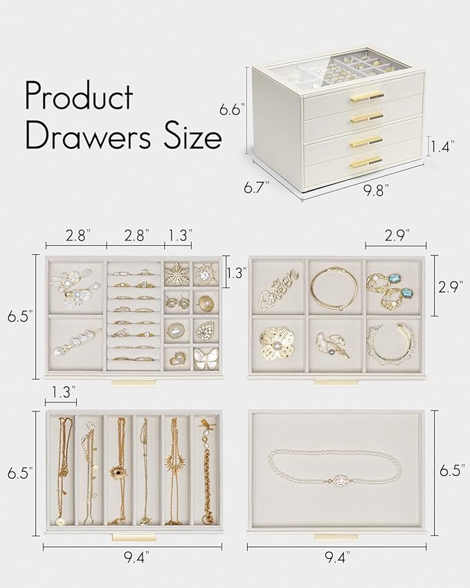 Vlando 4 Layer Jewelry Box for Women, Glass Lid Jewelry Organizer with 4 Drawers for Necklaces Rings Earrings Bracelets - Cloud White