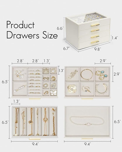 Vlando 4 Layer Jewelry Box for Women, Glass Lid Jewelry Organizer with 4 Drawers for Necklaces Rings Earrings Bracelets - Cloud White