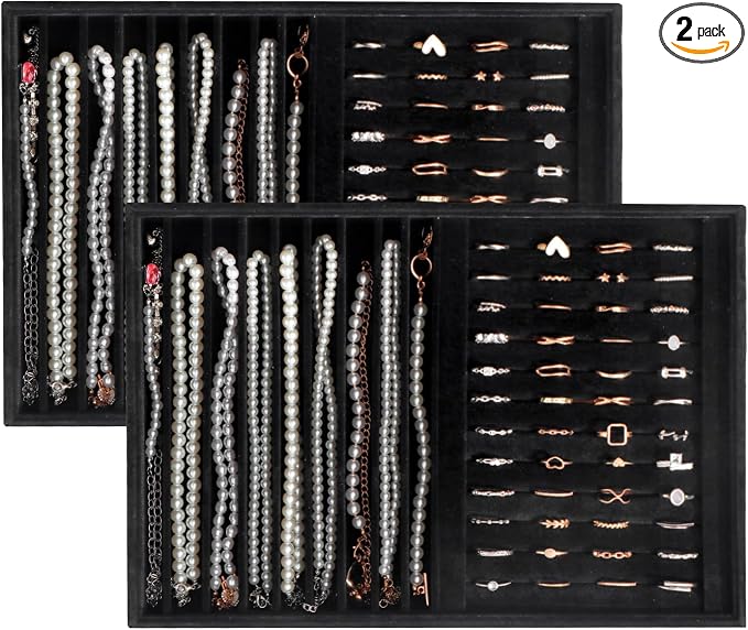 Large Velvet Jewelry Tray 2 Pack Stackable Jewelry Display Drawer Inserts Trays Organizer for Earring Bracelet Necklace Ring (Black, Ring and 9 Grids)