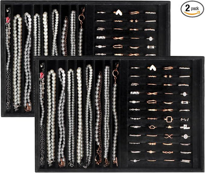 Large Velvet Jewelry Tray 2 Pack Stackable Jewelry Display Drawer Inserts Trays Organizer for Earring Bracelet Necklace Ring (Black, Ring and 9 Grids)