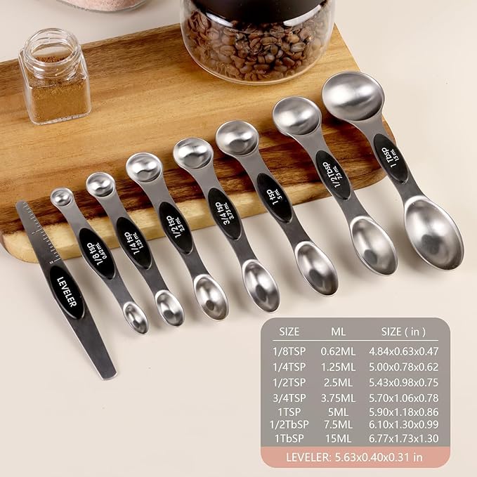 ChefAide Pack of 8 Stainless Steel Magnetic Measuring Spoons Set, Dual Sided, Stackable, Adjustable Teaspoon and Tablespoon Measure Spoon with Leveler, Kitchen Gadgets Set 5