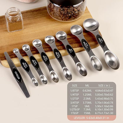 ChefAide Pack of 8 Stainless Steel Magnetic Measuring Spoons Set, Dual Sided, Stackable, Adjustable Teaspoon and Tablespoon Measure Spoon with Leveler, Kitchen Gadgets Set 5