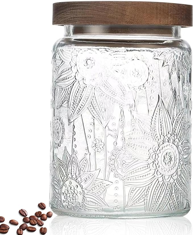 24 OZ Airtight Glass Storage Jar with Bamboo Lid - Vintage Glass Jar Vintage Food Containers Canisters Set for Kitchen Counter & Pantry - Ideal for Sugar, Flour, Coffee, Tea, Candy, Oats, Cereal