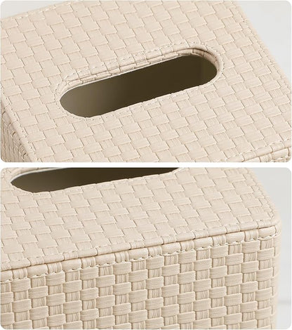Square Tissue Box Cover, Stylish Leather Tissue Box Holder with Magnetic Bottom, Used As A Decorative Tissue Holder for Living Rooms, Bedrooms, and Desks (Beige Woven Pattern)-1