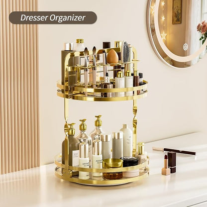 360° Rotating Makeup Organizer, 2-Tier Gold Perfume Organizer for Dresser, Bathroom Organizers Countertop, Perfume Shelf with Makeup Brush Holder, Skincare Holder Cosmetic Display(Gold)