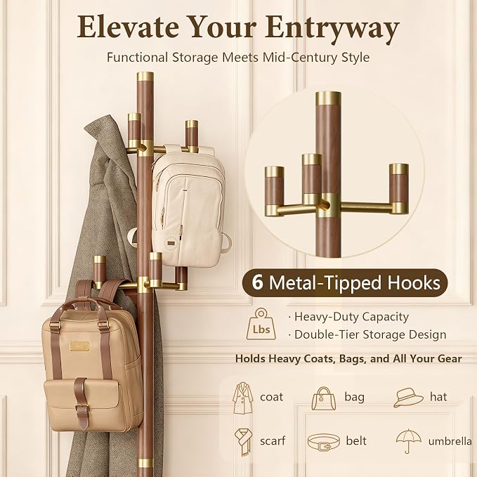Solid Wood Freestanding Coat Rack with 6 Gold Metal Hooks, Heavy-Duty Freestanding Coat Stand for Coats, Hats, and Bags, Coat Racks for Bedroom, Entryway, and Living Room (Walnut)