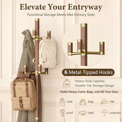 Solid Wood Freestanding Coat Rack with 6 Gold Metal Hooks, Heavy-Duty Freestanding Coat Stand for Coats, Hats, and Bags, Coat Racks for Bedroom, Entryway, and Living Room (Walnut)