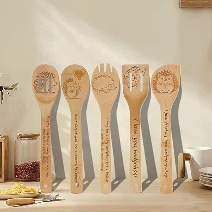 5PCS Hedgehog Wooden Cooking Spoons Kitchen Decor Hedgehog Gifts for Women Men Hedgehog Lovers Birthday Gifts Party Favors Housewarming Wedding Bamboo Cooking Spoons for Everyday Use