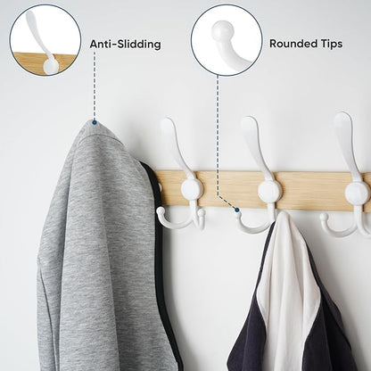 TICONN Wall Mounted Coat Rack, Five Heavy Duty Tri Hooks All Metal Construction for Jacket Coat Hat in Mudroom Entryway (Wood White, 1-Pack)