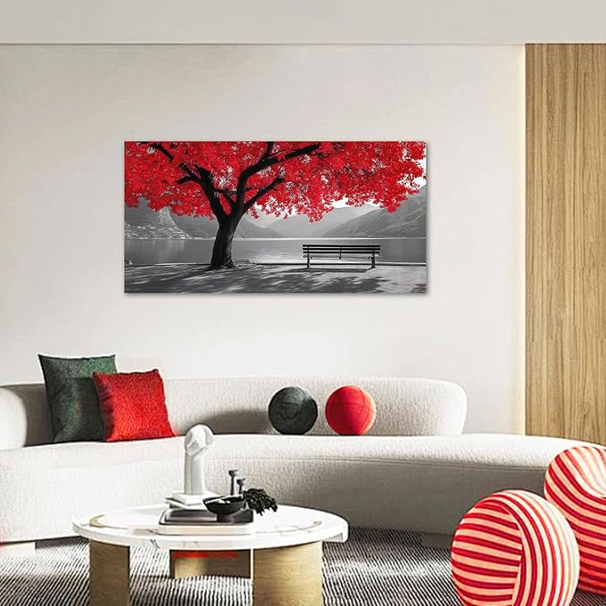 Tarfupth Black and White Red Large Tree of Life Wall Art for Living Room Mountain Artwork Landscape Lake Pictures for Bedroom Office Home Decor Modern Canvas Prints 20"x40"
