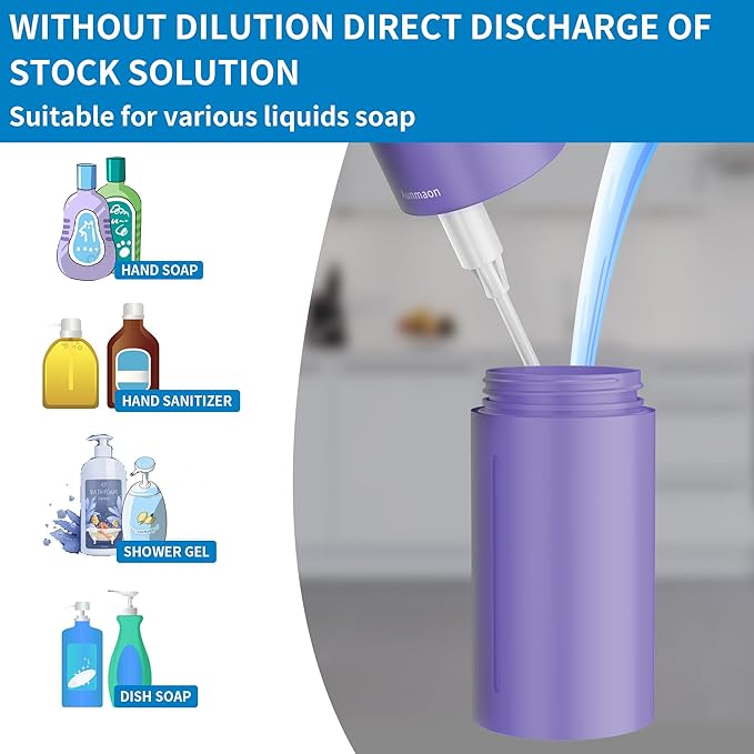 Aunmaon Automatic Soap Dispenser Touchless, Hands-Free, Multi Adjustable Volume, Long Battery Life, Compatible with Thick & Thin Dish/Hand Soap for Bathroom and Kitchen, Easy for Toddlers, Purple