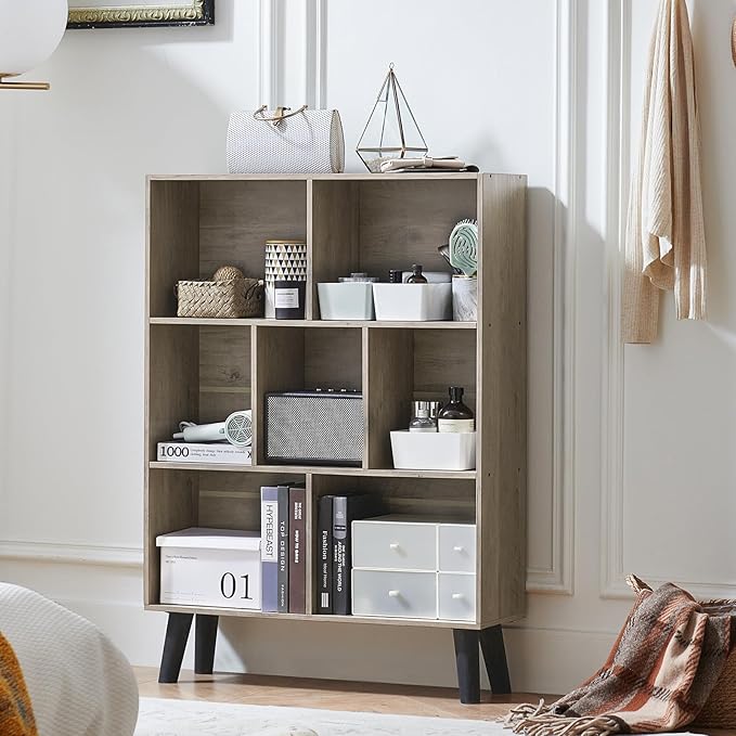 LEYAOYAO Cube Bookshelf 3 Tier Mid-Century Retro Grey Modern Bookcase with Legs,Retro Wood Bookshelves Storage Organizer Shelf,Freestanding Open Book Shelves for Bedroom,Living Room,Office