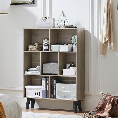 LEYAOYAO Cube Bookshelf 3 Tier Mid-Century Retro Grey Modern Bookcase with Legs,Retro Wood Bookshelves Storage Organizer Shelf,Freestanding Open Book Shelves for Bedroom,Living Room,Office