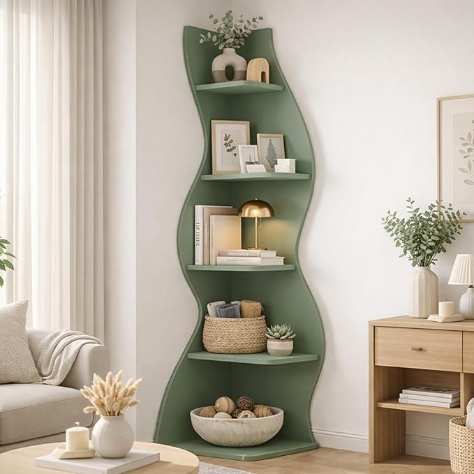Arvolia 70 Inch Corner Bookshelf, Modern 5-Tier Small Bookshelf with Unique Curved Design, Freestanding Vertical Storage Shelf for Living Room, Bedroom or Home Office (Sage Green)