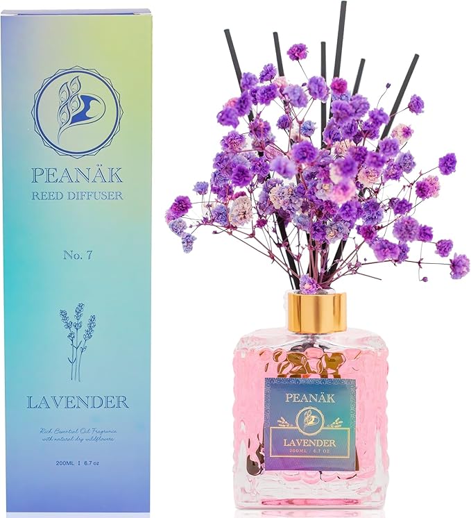PEANÄK Lavender Reed Diffuser Set with Real Preserved Flowers - 6.7oz Long Lasting Essential Oil Scent for Home, Bathroom & Office Decor