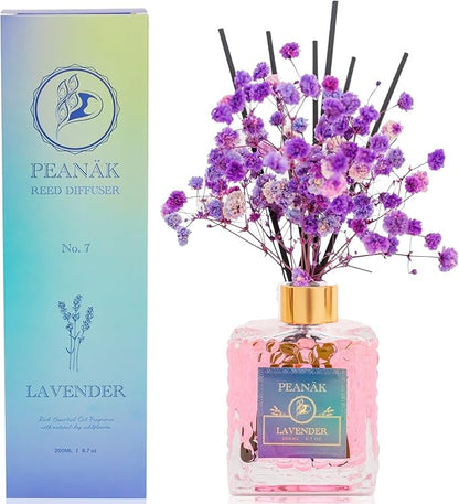 PEANÄK Lavender Reed Diffuser Set with Real Preserved Flowers - 6.7oz Long Lasting Essential Oil Scent for Home, Bathroom & Office Decor