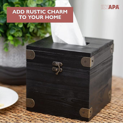 Ilyapa 5 x 6 Rustic Tissue Box Holder - Hinged Lid Tissue Dispenser for Bathroom Living Room Bedroom - Black Weathered Wood