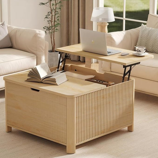LYNCOHOME 31.5" Fluted Lift Top Coffee Table with Storage, Square Coffee Tables for Living Room, Coffee Table with Large Hidden Storage Compartment and Adjustable Shelves，Natural