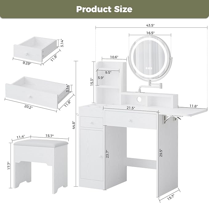 IRONCK Vanity Desk with 360° Rotating LED Mirror & Power Outlet, Makeup Vanity with 6 Slot Compartments & Storage Stool & Hairdryer Rack, White Dressing Table with Drop Leaf for Girls Women Bedroom