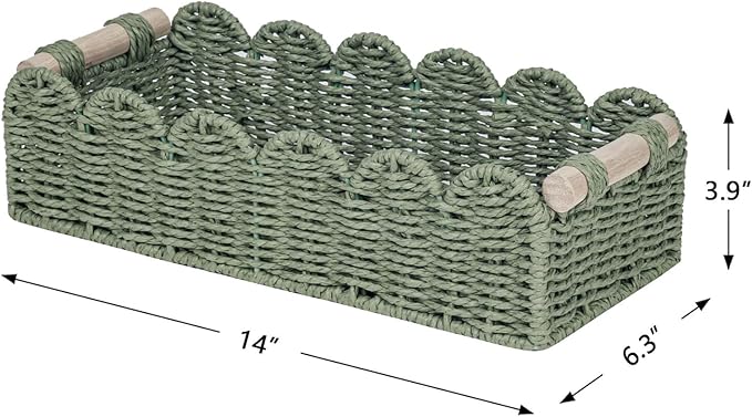 CubesLand Scalloped Decor Basket for Living Room, Home, Bathroom, 2SAME SIZE Paper Rope Basket, Toilet Storage Baskets for Over Toilet Storage Shelf, Cozy Woven Basket Both Storage&Decor, Green