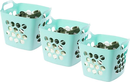 Flexible Plastic Carry Laundry Basket Holder Square Storage Hamper with Side Handles, Green Set of 3