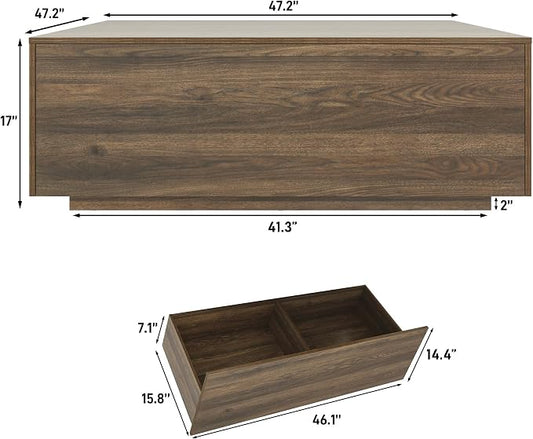 47” Square Coffee Table with Storage, 47" D x 47" W x 17" H Modern Large Square Center Table with 2 Drawers,Wood Coffee Table for Living Room,Bedroom（Walnut）