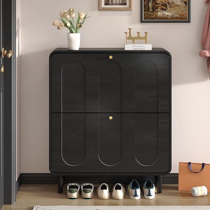 Narrow Shoe Storage Cabinet for Entryway with 2 Flip Drawers, Curved Shoe Cabinet with Arched Stripe Panel, Freestanding Hidden Shoe Organizer Closed for Foyer, Hallway (Black, 31.5 inches)