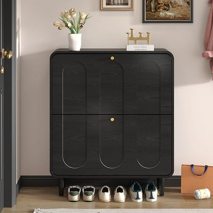 Narrow Shoe Storage Cabinet for Entryway with 2 Flip Drawers, Curved Shoe Cabinet with Arched Stripe Panel, Freestanding Hidden Shoe Organizer Closed for Foyer, Hallway (Black, 31.5 inches)