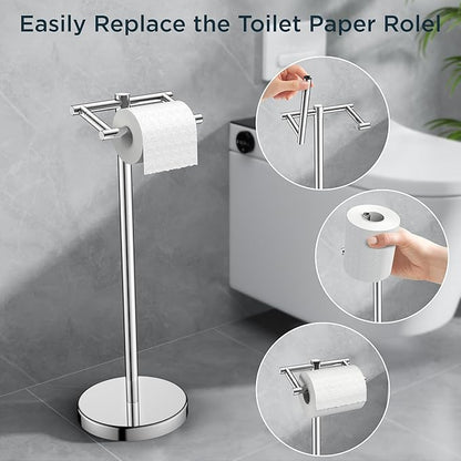 FORIOUS Toilet Paper Holder Wall Mount, Stainless Steel Rustproof Double Post Pivoting Tissue Roll Holder for Bathroom, Commercial Toilet Paper Dispenser Freestanding Toilet Paper Stand, Chrome
