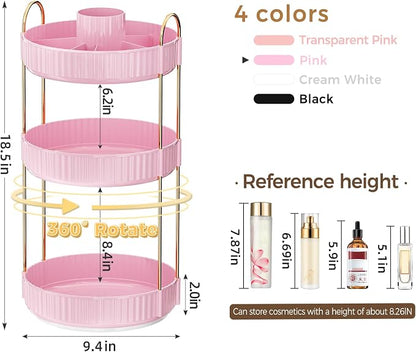 360° Rotating Makeup Organizer, Upgraded 3 Tier Skincare Perfume Organizers for Women, Bathroom Organizer Countertop, Clear Cosmetic Dresser Organizer with Makeup Brush Holder, Sink&Counter(Pink)