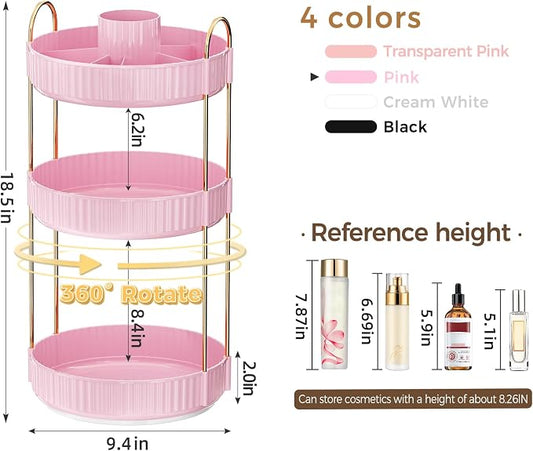 360° Rotating Makeup Organizer, Upgraded 3 Tier Skincare Perfume Organizers for Women, Bathroom Organizer Countertop, Clear Cosmetic Dresser Organizer with Makeup Brush Holder, Sink&Counter(Pink)