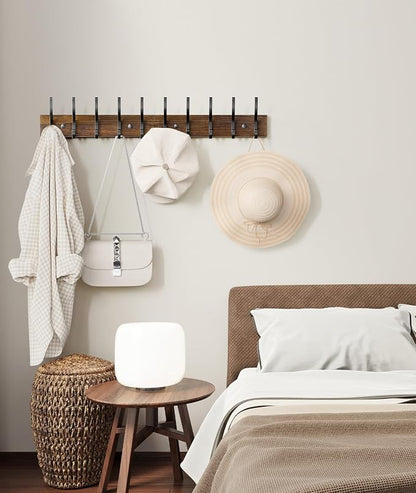 Optish 1 Pack Wooden Coat Rack Wall Mount, 16.1" Rustic Coat Hanger Hooks with 5 Double Hooks, Wall Coat Rack for Hat, Clothes, Bags, Jacket, Brown
