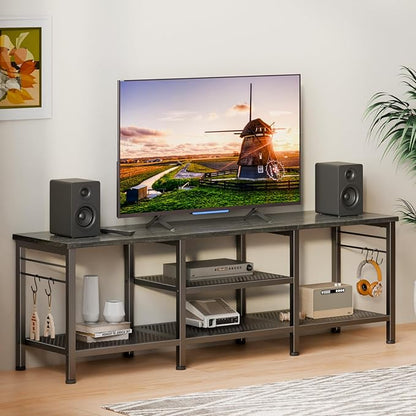 Furologee TV Stand for TVs up to 65 Inch, Entertainment Center with Open Storage Shelves, 55 Inch Television Stands with Soundbar Shelf for Living Room, Bedroom, Black Oak