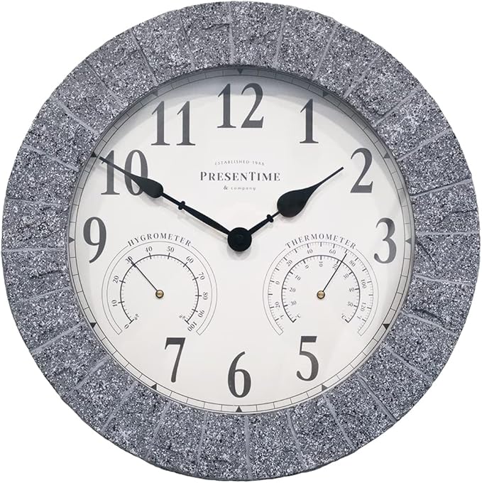 Presentime & Co Sandstone Outdoor Clock with Thermometer & Hygrometer as All in one Weather Station, 14", Gray Sandstone Finish. Weather Thermometer, Outdoor Décor, Wall Décor.