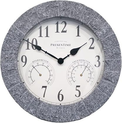 Presentime & Co Sandstone Outdoor Clock with Thermometer & Hygrometer as All in one Weather Station, 14", Gray Sandstone Finish. Weather Thermometer, Outdoor Décor, Wall Décor.