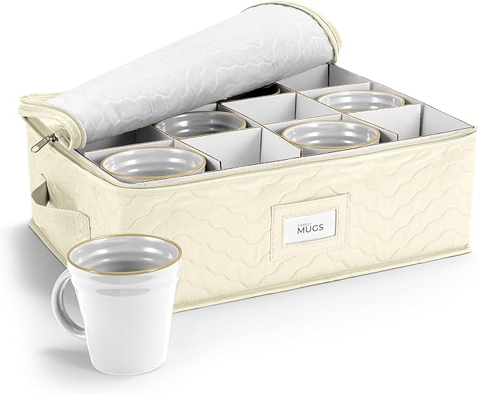 Sorbus Coffee Mug Organizer - Display Storage Case with Quilted Exterior, Label Windows, Handles & Dividers (Fits 12 Mugs)