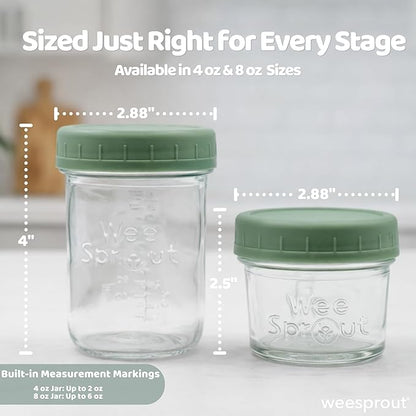 WeeSprout Glass Baby Food Storage Jars w/ Lids (4/8 oz, 12 Pack Set) Snack, Reusable Small Containers, Breast Milk, Fridge, Freezer, Microwave & Dishwasher Safe, Essential Must Have for Infants