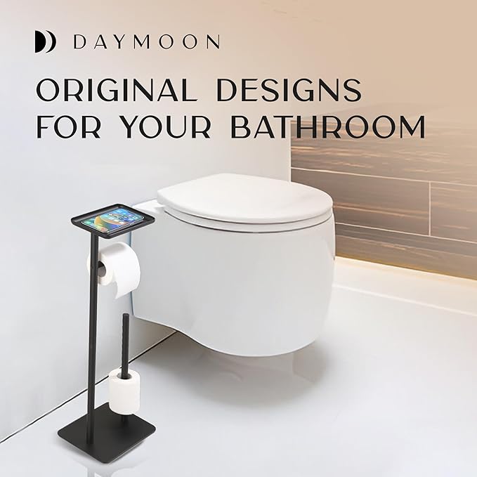 Day Moon™ Matte Black Toilet Paper Holder Free Standing Toilet Paper Holder with Storage - Toilet Paper Stand and Tissue Holder for Bathroom - Toilet Paper Holder with Shelf and Wipe Holder