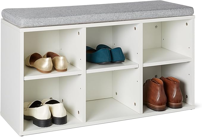 Amazon Basics Shoe Storage Bench with Cushion, 6 Cubbies, Adjustable Shelves, White
