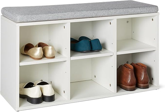 Amazon Basics Shoe Storage Bench with Cushion, 6 Cubbies, Adjustable Shelves, White